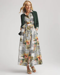 Ecru Artisanal Floral Print Maxi Shirtdress