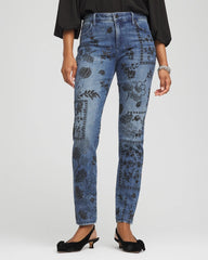 Emilia Indigo Mixed-Media Girlfriend Slim Ankle Jeans