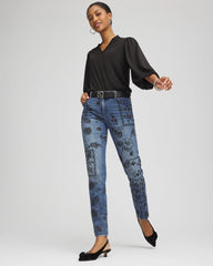 Emilia Indigo Mixed-Media Girlfriend Slim Ankle Jeans