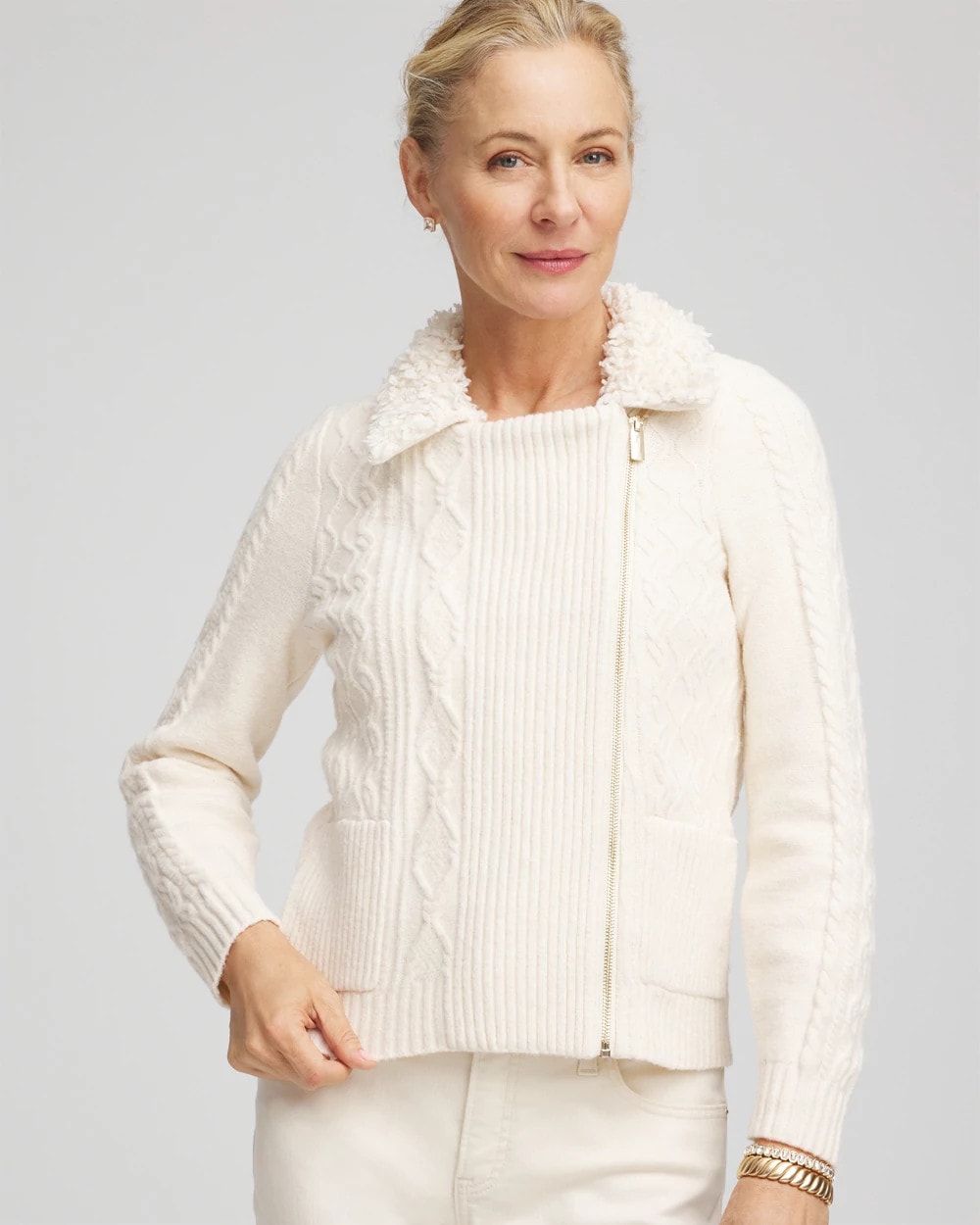 English Cream Fur Trim Moto Cardigan
