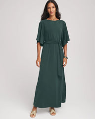 Darkest Spruce Belted Flutter-Sleeve Maxi Dress