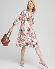 Multi Floral Linen Pintuck 3/4 Sleeved Dress