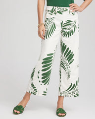 Ecru Palm-Frond-Motif Pull-On Wide-Leg Cropped Jeans
