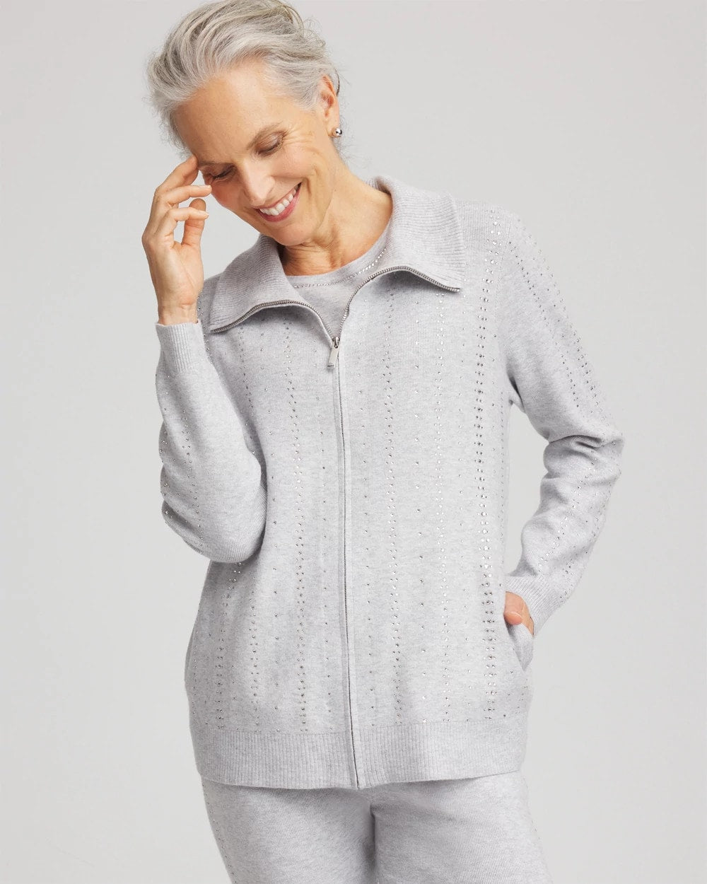 Frosted Gray Heather Zenergy® Luxe Diamante Zip Cardigan
