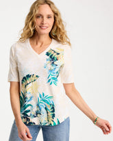 Topanga Green Printed Cotton Slub V-Neck Tee