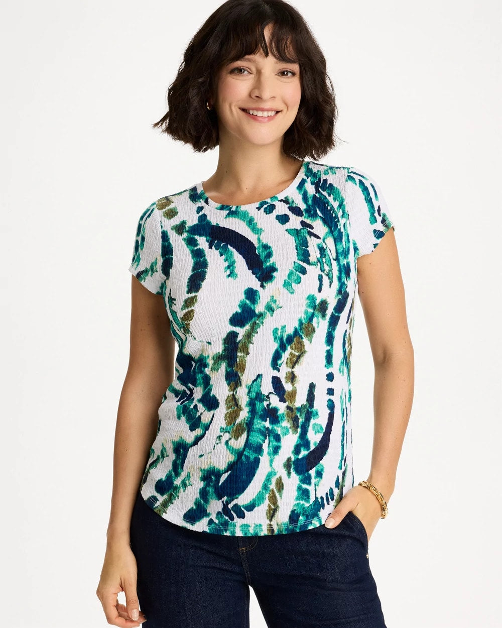 Topanga Green Printed Textured Knit Cap Sleeve Tee
