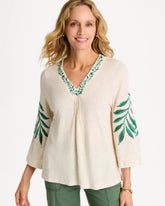 Natural Cream Linen Palm Embroidered Pleated Tee