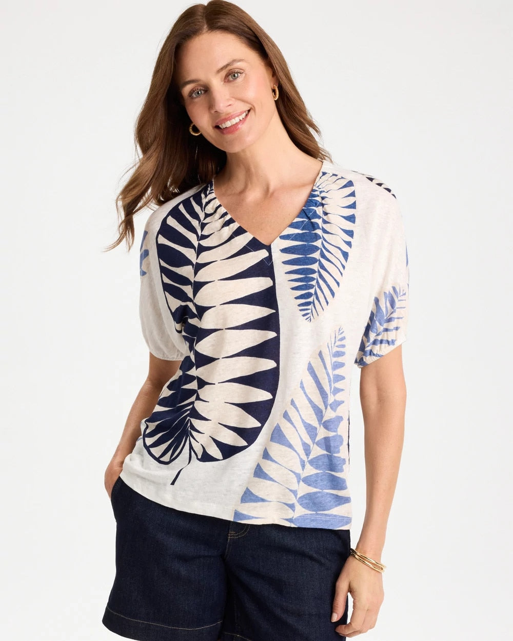 Passport Blue Leaf Print Linen Ruched V-Neck Tee