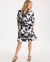 Black Floral Cotton-Linen Belted Dress