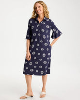 Passport Blue Printed Ponte Flounce Sleeve Dress