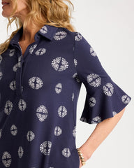 Passport Blue Printed Ponte Flounce Sleeve Dress