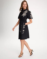 Black Embroidered Poplin Cotton Belted Dress