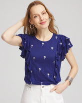 Blue Casa Foiled Flutter-Sleeve Linen Tee