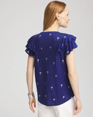 Blue Casa Foiled Flutter-Sleeve Linen Tee