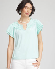 Teal Waters Touch of Cool™ Layered Pleated Flutter Tee