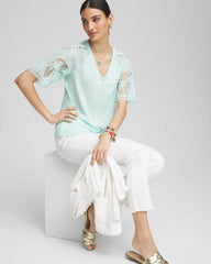 Teal Waters Linen Crochet Lace Short Sleeve Tee