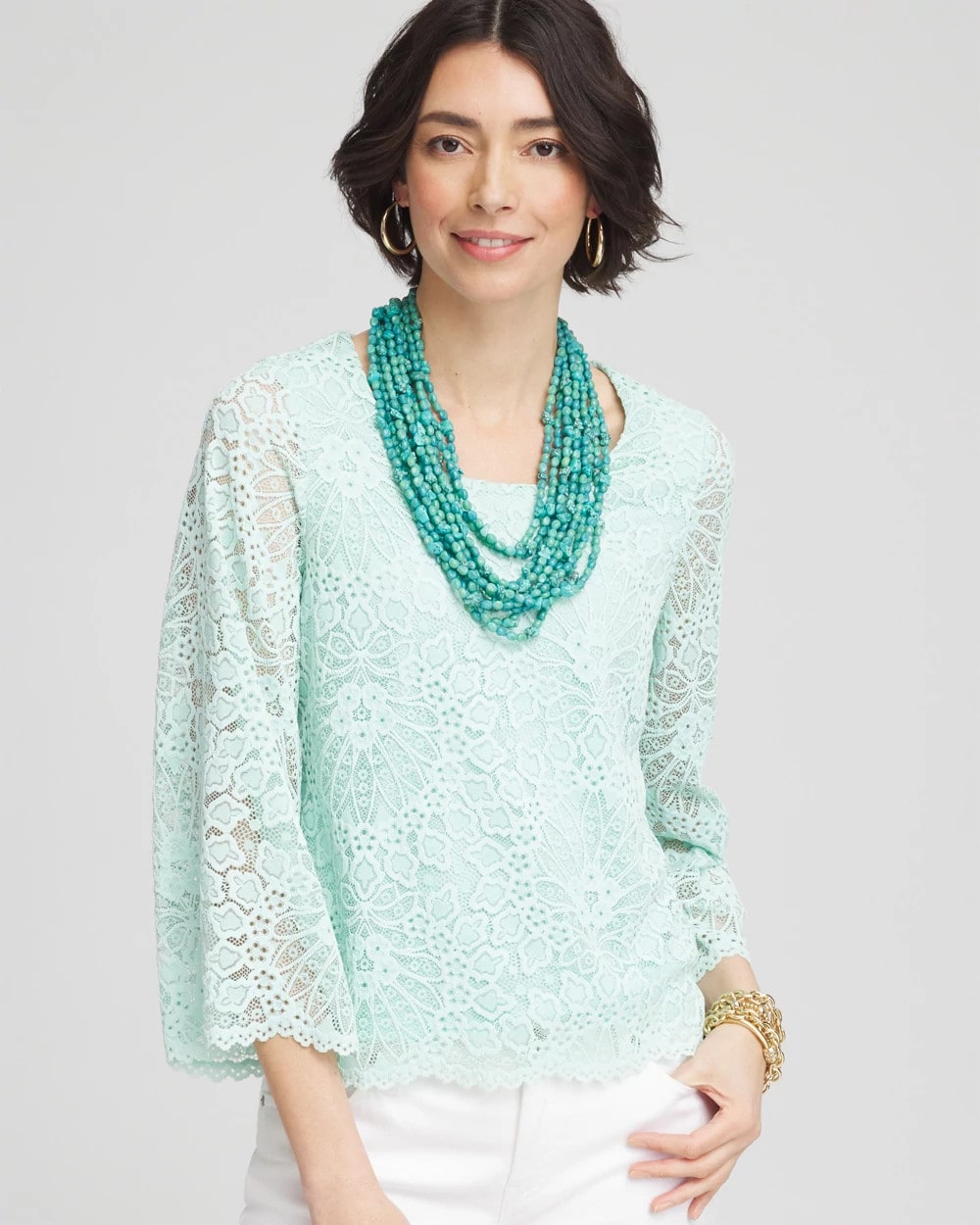 Teal Waters Scalloped Hem Lace Top