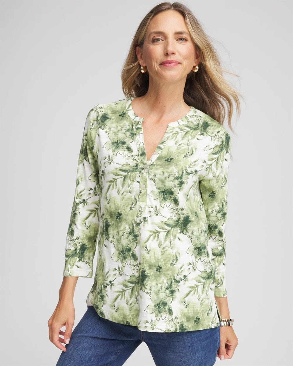 Sage Meadow Printed Slub Splitneck Henley Tee