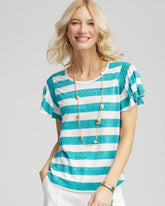 Seaspray Linen Metallic Striped Flutter-Sleeve Tee