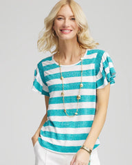 Seaspray Linen Metallic Striped Flutter-Sleeve Tee