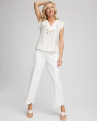 Ecru Crepe Ruffle-Trim Blouse