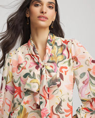 Cashew Floral Jacquard Tie-Front Blouse