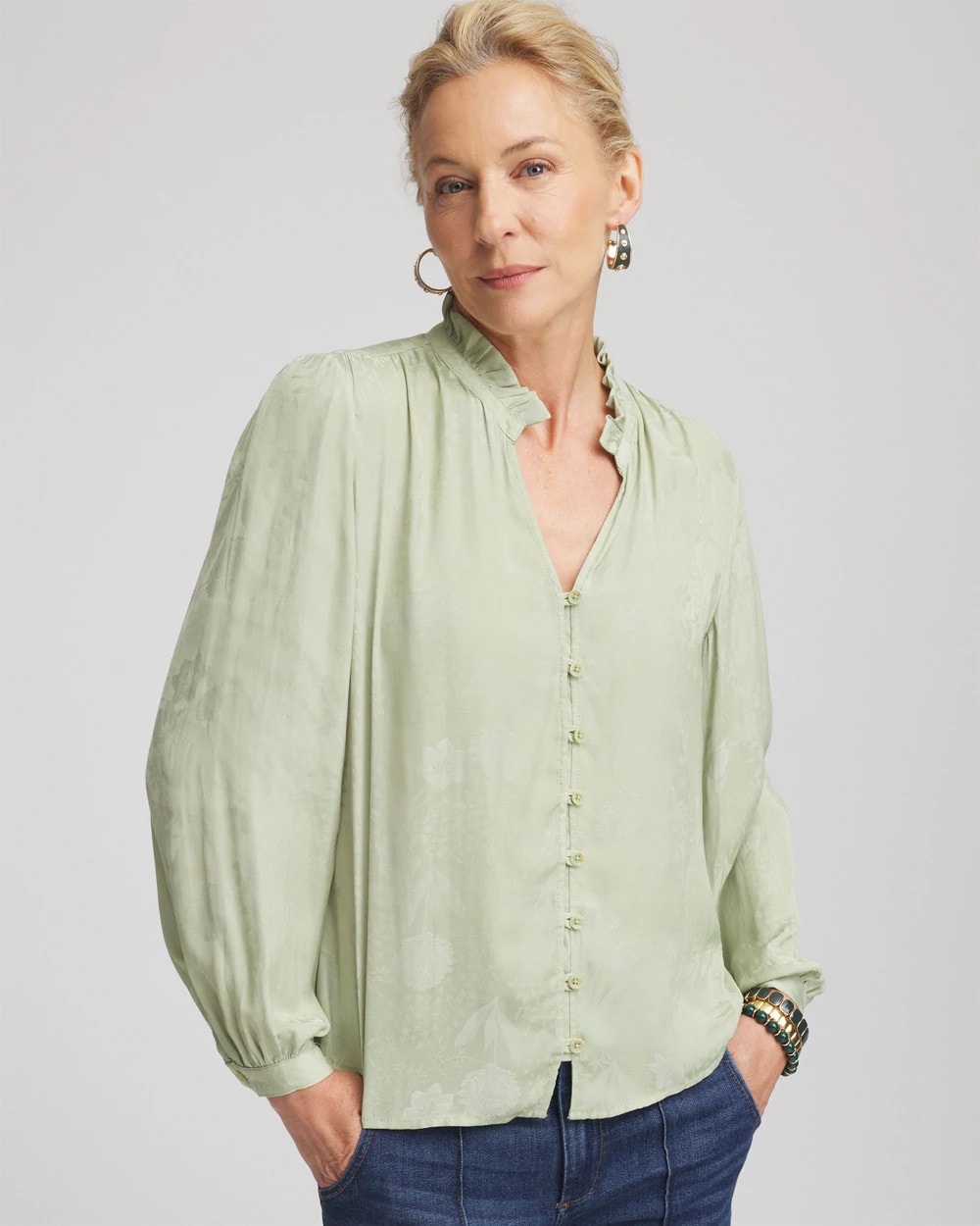 Sage Meadow Jacquard Georgette Peasant Blouse
