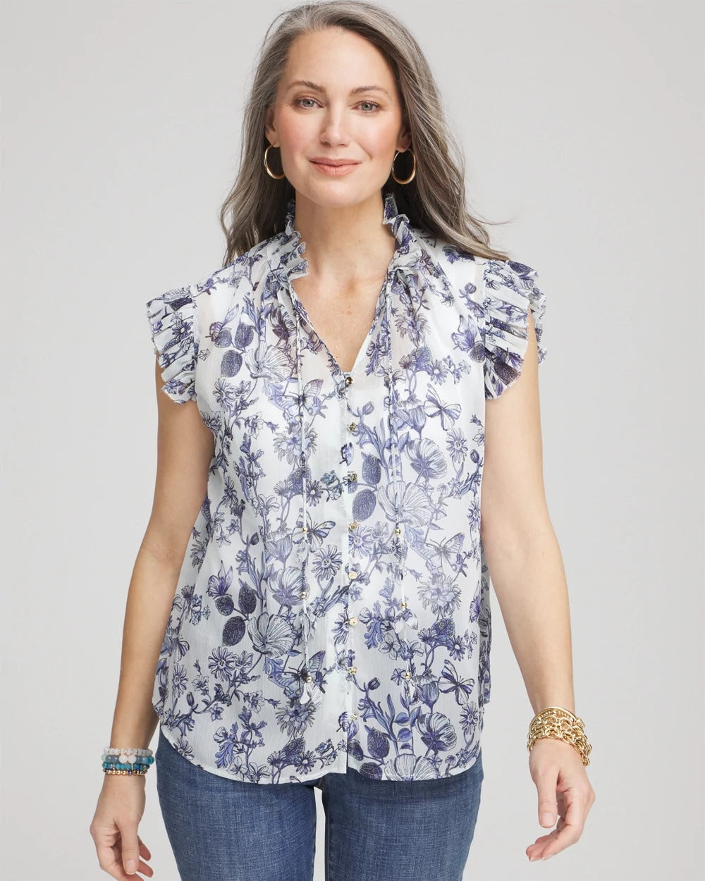 Pale Turq Blue Butterfly Ruffle Collar Blouse
