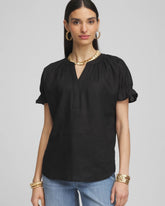 Black Linen Flutter-Sleeve Popover Top