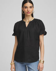 Black Linen Flutter-Sleeve Popover Top