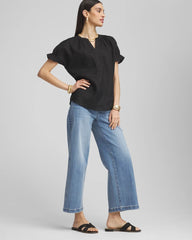 Black Linen Flutter-Sleeve Popover Top