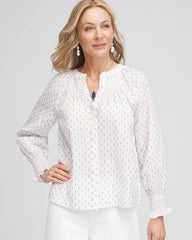 Blue Casa Smocked Split-neck Blouse