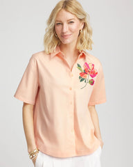 Sunset Peach No Iron™ Embroidered Floral Short-Sleeve Shirt