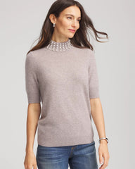 Taupe Heather Cashmere Pearl Mockneck Sweater