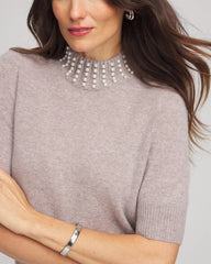 Taupe Heather Cashmere Pearl Mockneck Sweater