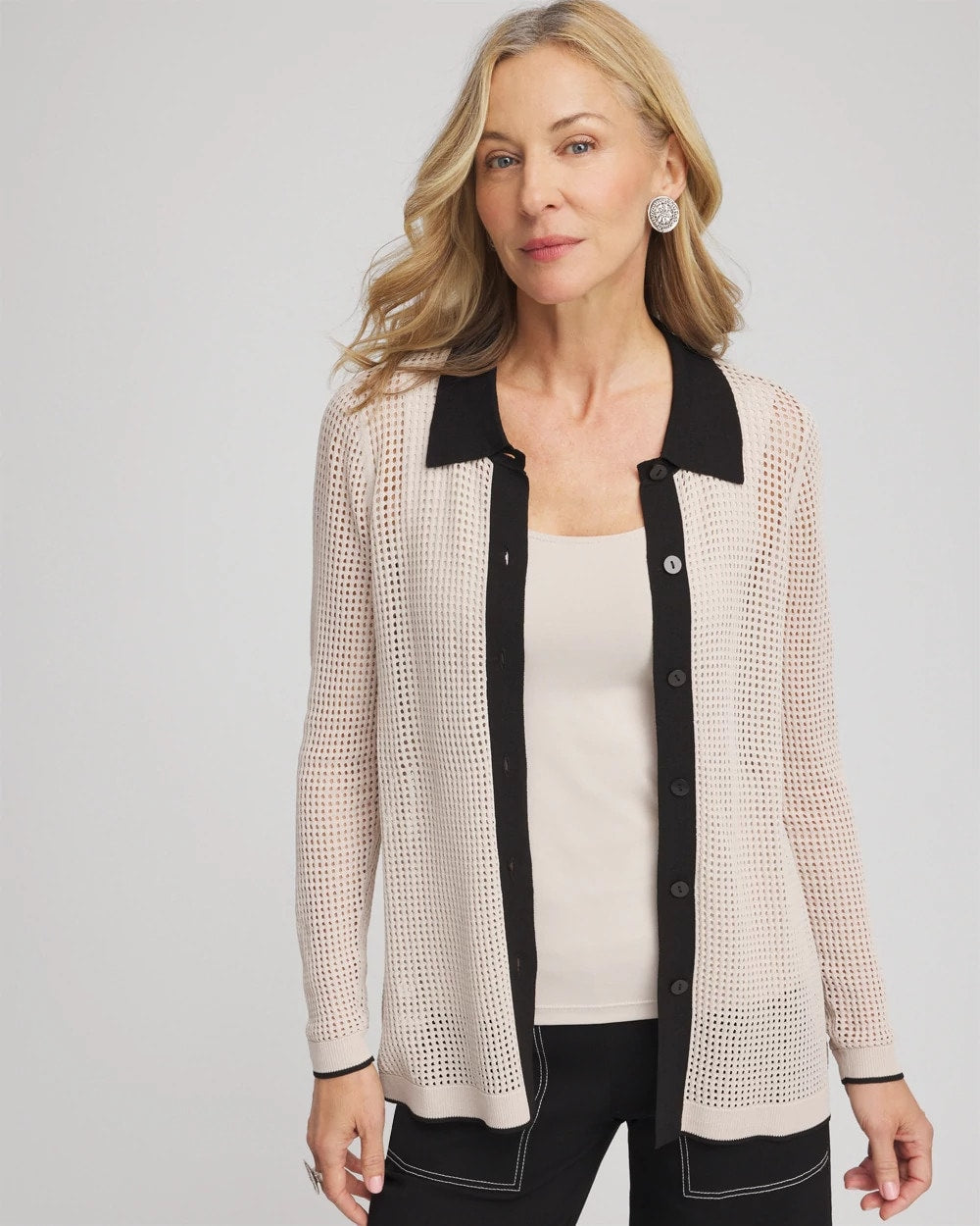 Smokey Taupe Pointelle Polo Cardigan