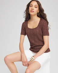 Cacao Pointelle Square-Neck Pullover Sweater