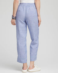 Blue Linen Pull On Waist Cropped Pants