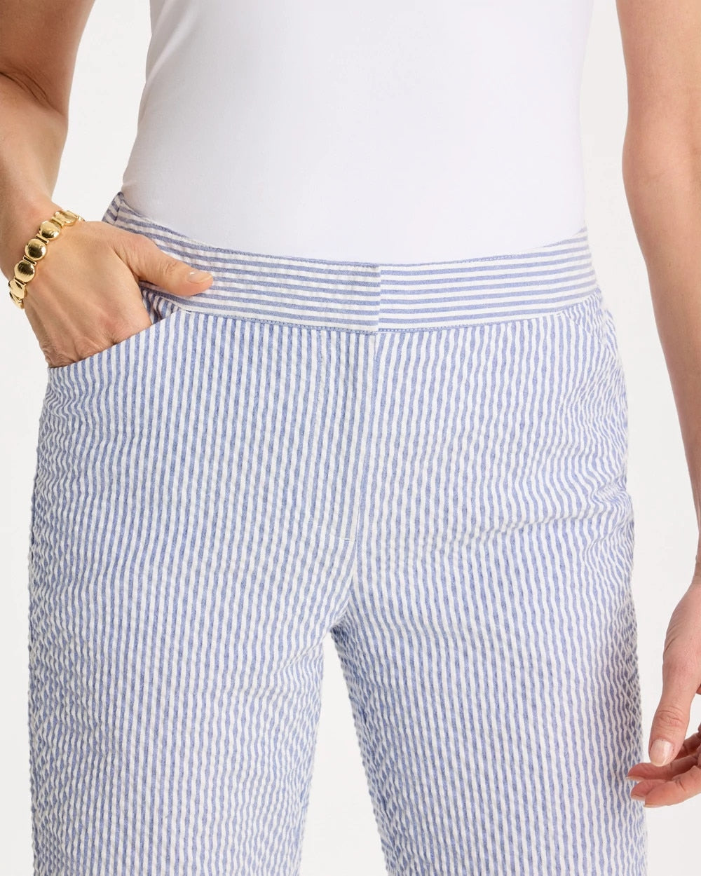 Blue Striped Seersucker Straight Ankle Pants