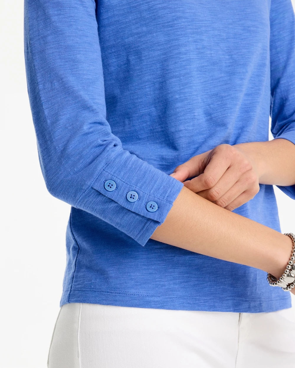 Amparo Blue Cotton Slub 3/4 Sleeve Button Tee