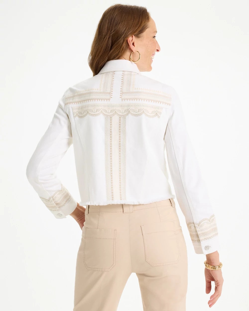 Alabaster Embroidered Cropped Denim Trucker Jacket