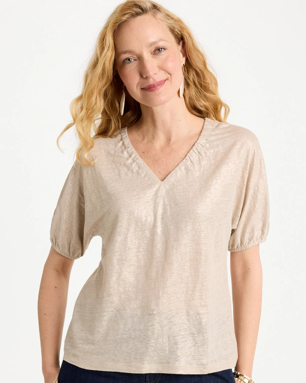 Smokey Taupe Fog Foiled Linen Ruched V-Neck Tee