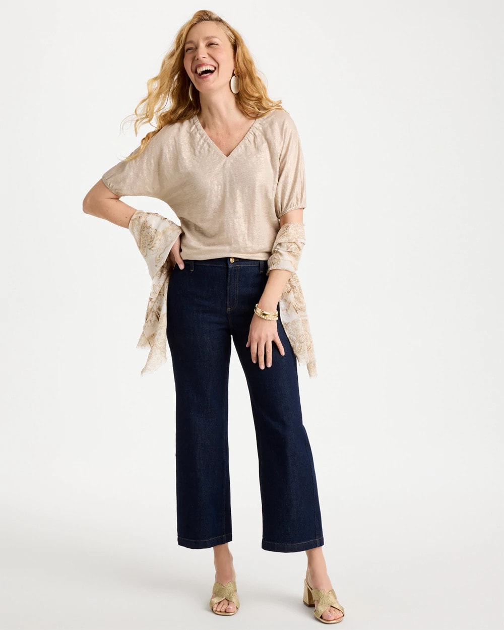 Smokey Taupe Fog Foiled Linen Ruched V-Neck Tee