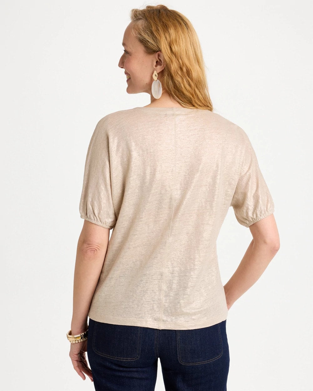 Smokey Taupe Fog Foiled Linen Ruched V-Neck Tee