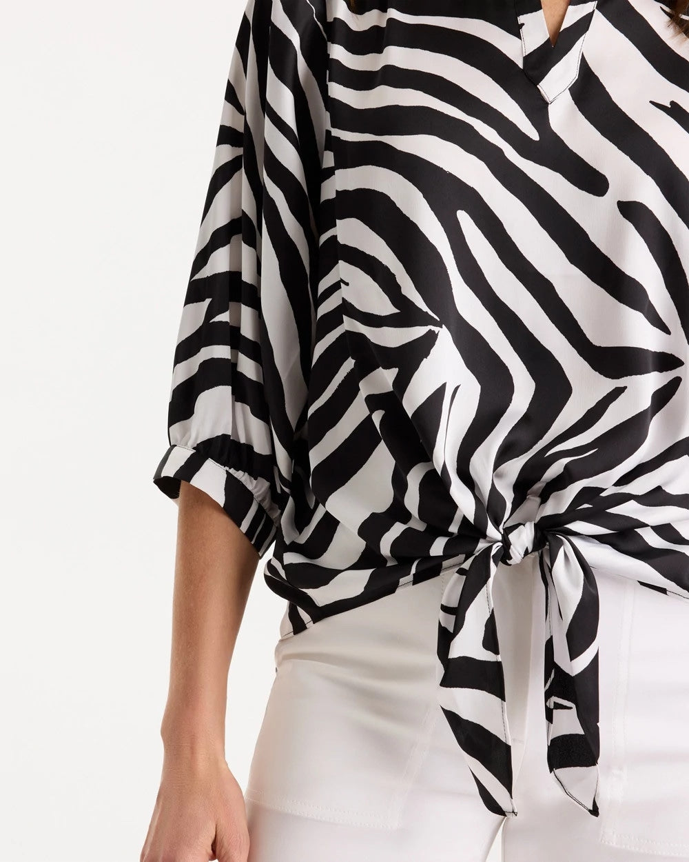 Black Satin Animal Print Tie-Front Top