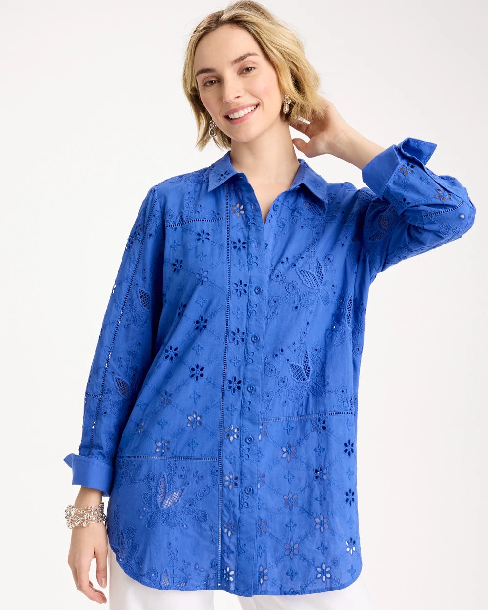 Amparo Blue Embroidered Trapunto-Trim Tunic