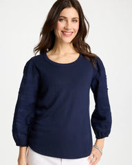 Passport Blue Pintuck Puff Sleeve Tee