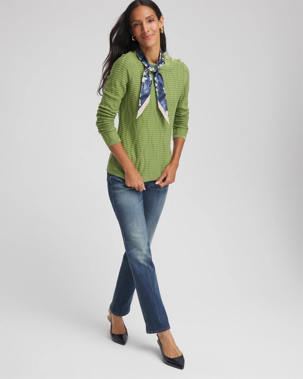 Green Fig Button Shoulder Crewneck Pullover