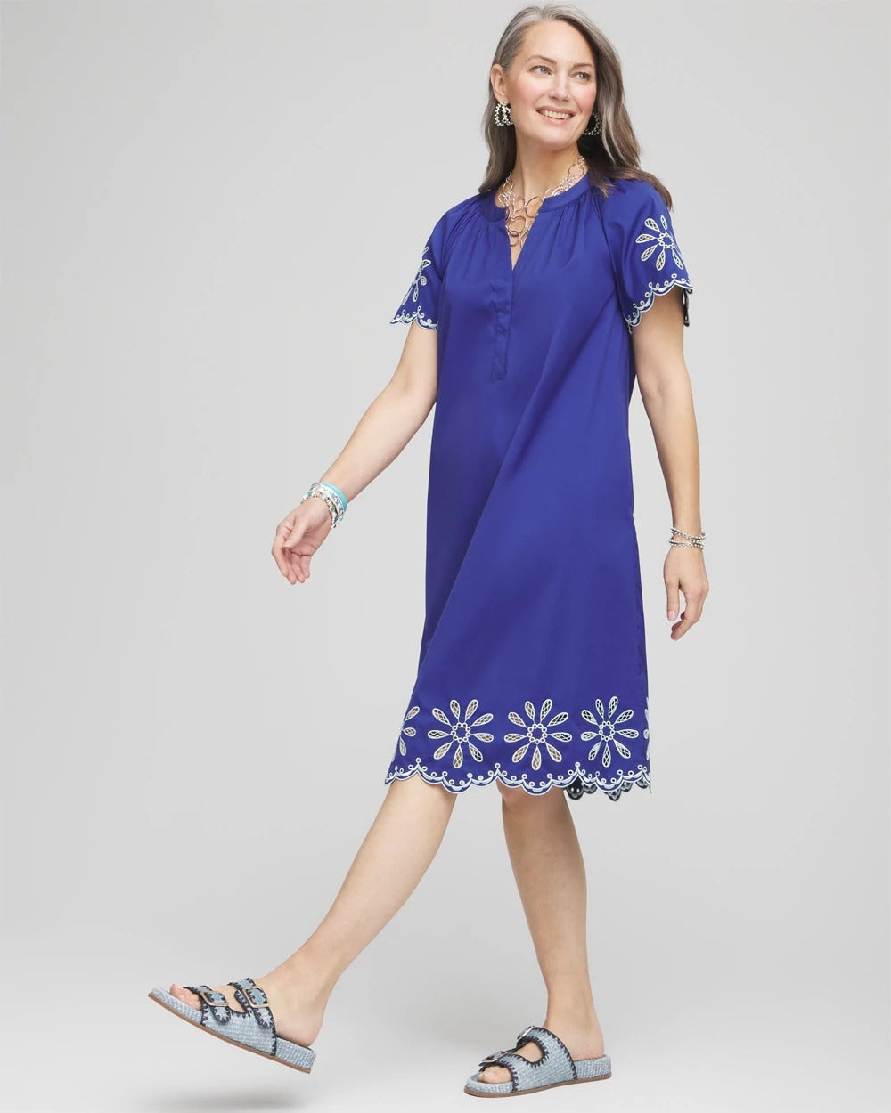 Blue Casa Embroidered Poplin Popover Dress
