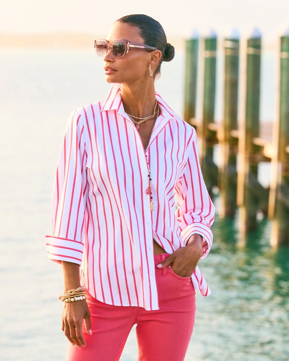 Calypso Coral No Iron™ Stretch Striped Shirt